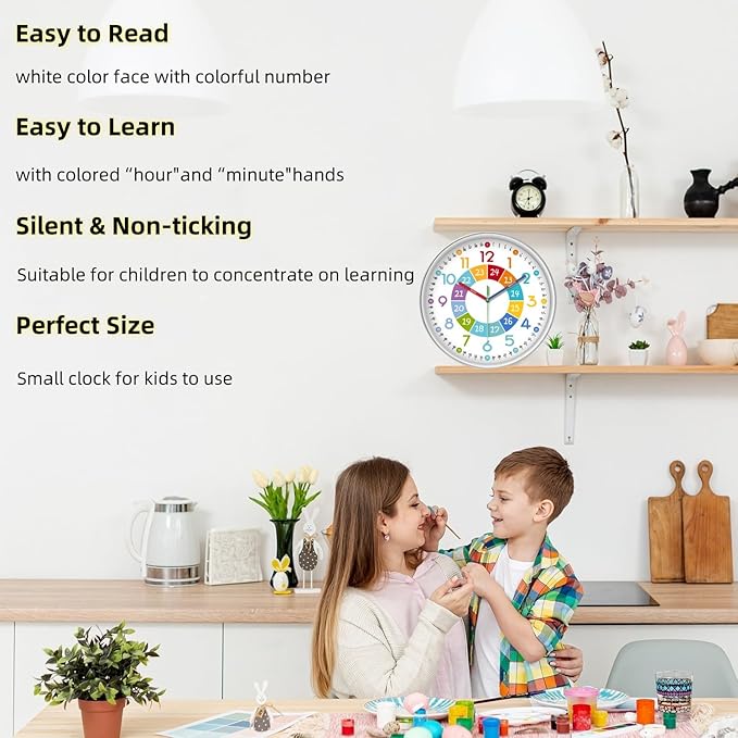XFM Learning Clock for Kids Silent Non Ticking Battery Operated Colorful