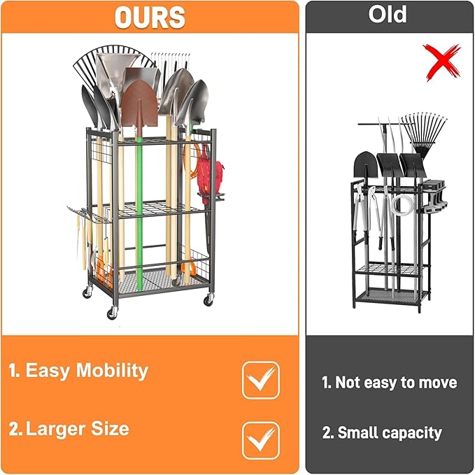TORACK Garden Tool Stand with Wheels, Rakes Shovels Holder Yard Tools Organizer for Garage, Garden, Shed Indoor/Outdoor Long-Handled Tools Cart(Tool stand)