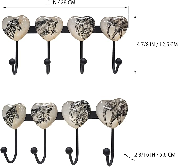 Coat Rack Wall Mounted with 4 Hook, Heart Glass Finishes Animal Pattern