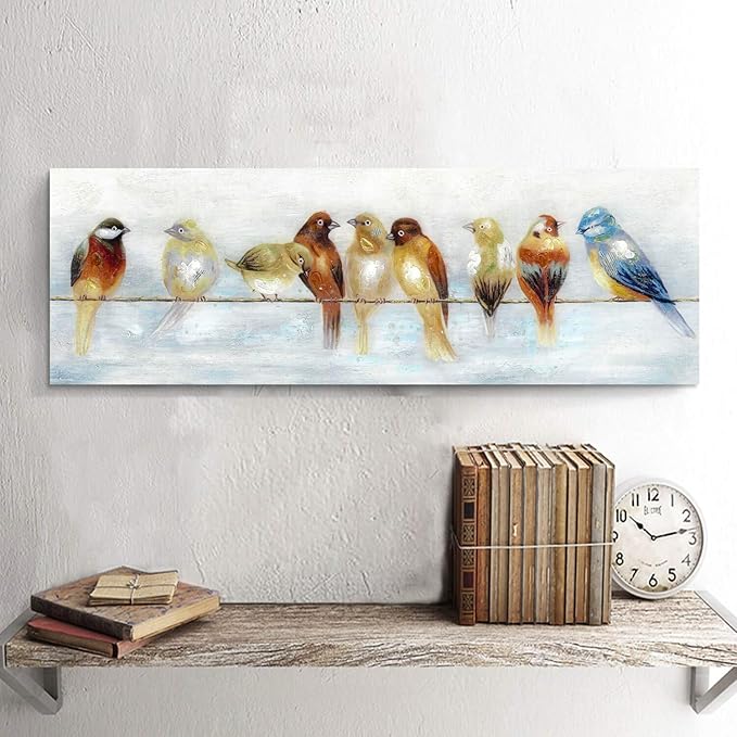 ARTISTIC PATH Abstract Birds Canvas Wall Art: Colorful Birds on Wire Picture Sparrow Painting Artwork for Living Room (36''W x 12''H, Multi-Sized)