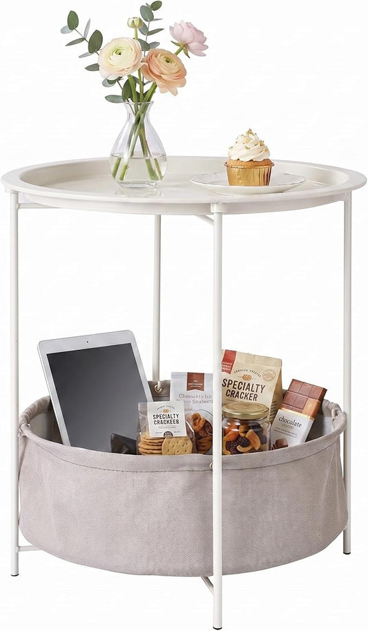 VECELO Round Side/End Table with Fabric Storage Basketï¼Metal Anti-Rust and Waterproof Small Bedside Nightstand with Removable Tray Top for Living Roomï¼Balcony & Laundryï¼Beige/1pcs with Basket