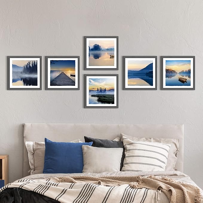 Framed Lake Scenery Wall Art: Calming Forest Fog Print Pictures Relaxing Nature Landscape Painting Contemporary Frames Mountain Tree Artwork 6 Pieces Sunset Picture for Bedroom Living Room