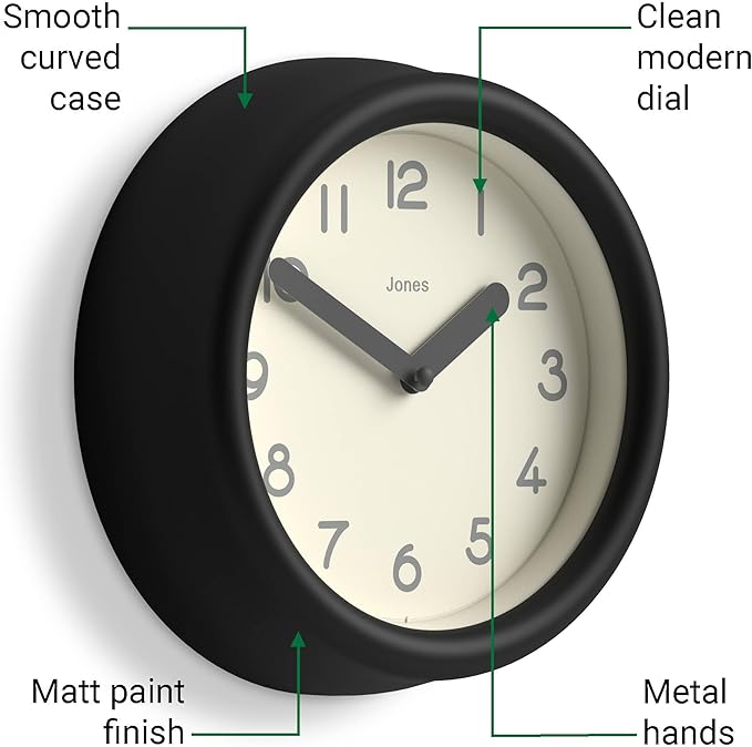JONES CLOCKS® Fuze wall Clock | Small Round Clock | Black | Playful Modern