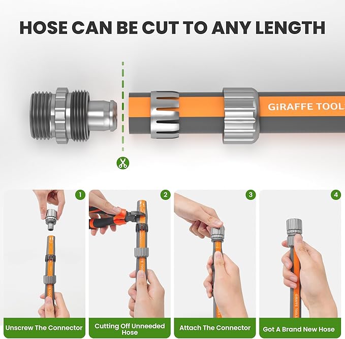 Giraffe Tools 10FT Garden Hose, 5/8" Lightweight Lay Flat Water Hose, No-Kink, Flexible Gardening Hose with Male to Female Aluminum Fitting, Customizable-Length Hose Pipe for Yard