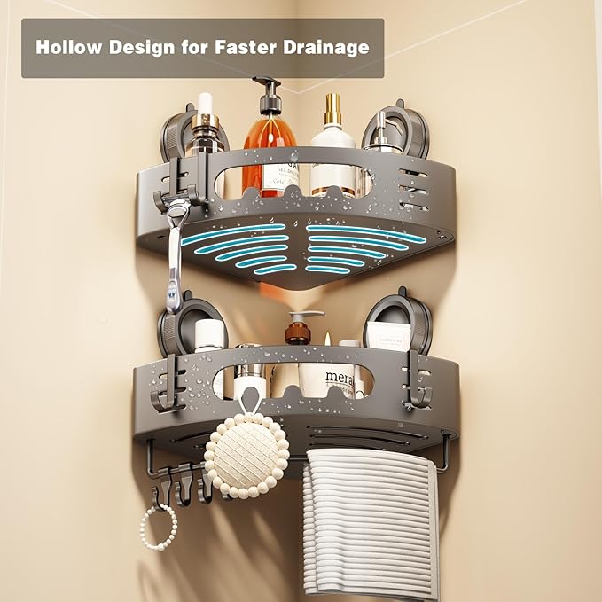 Voldra Corner Shower Caddy Suction Cup, Aluminum Corner Shower Shelves