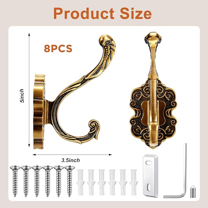 Zonon 8 Pcs Antique Gold Wall Hooks Set Vintage Coat & Towel Hooks