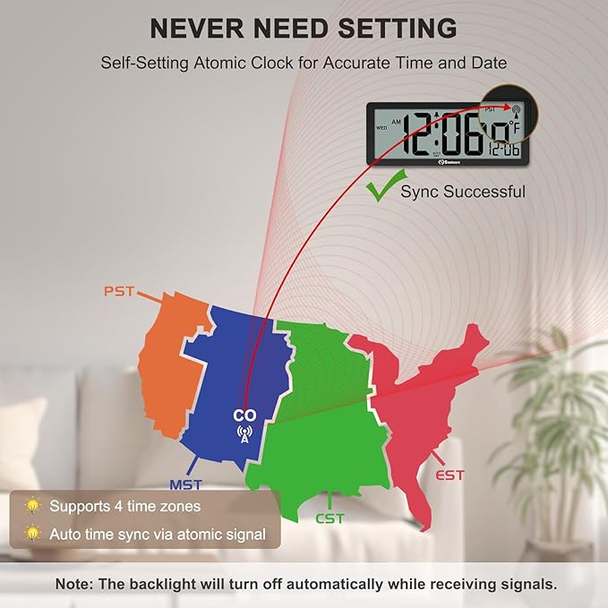 Soobest 8.5" Atomic Digital Wall Clock, Never Needs Setting, Auto Time Sync
