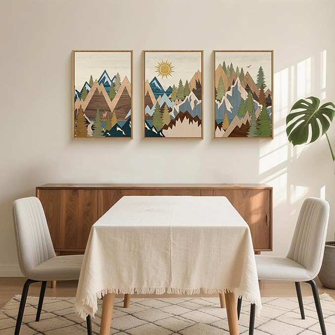 FWIEXA Large Mountain Woodcut Style Canvas Wall Art Set of 3, Sunrise Pine Tree Wall Decor, Forest Animal Painting, Nature Wilderness Lake Landscape, 16x24In Rustic Artwork for Living Room, Bedroom, Bathroom