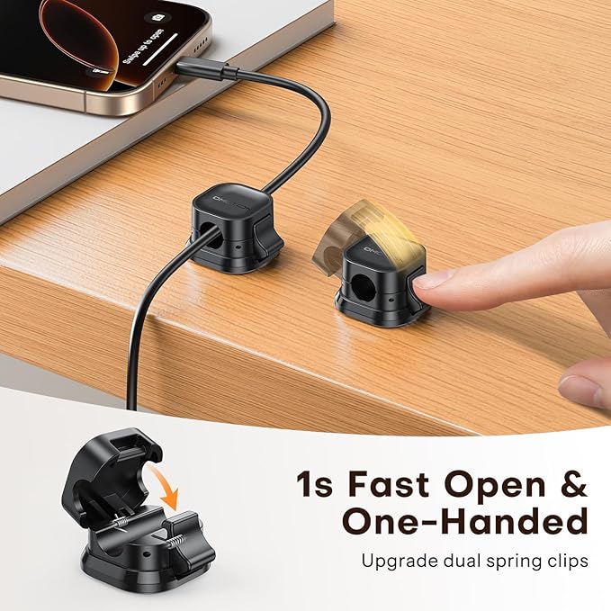 6Pack Cord Organizer, [1s Lock Dual Spring] Adhesive Cable Clips - OMOTON Cable Holder Wire Clips, Under Desk Cable Management, Phone Charger Cord Holder for Nightstand, Office Accessories