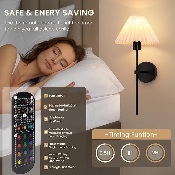 Rechargeable Battery Operated Wall Sconces Sets of 2, 15 Colors Wireless Wall