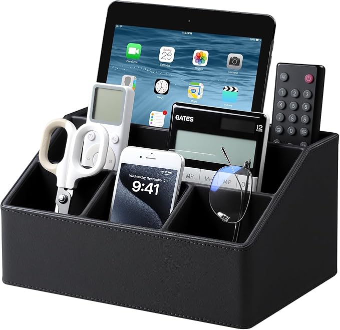 Cretkhp Remote Control Holder with 5 Compartments for Office Art Supplies, PU Leather Nightstand Organizer Pencil Pen Desk Caddy for Home, Desktop TV Remote Control Organizer Storage (Black)