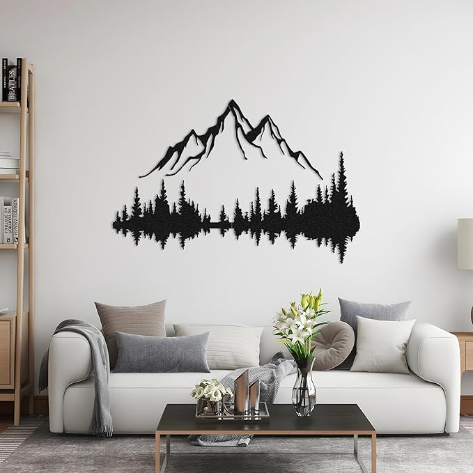 WOCHMANN,Mountain Lake Forest Large Metal Wall Art Black Minimalist Nature Silhouette Wall Decor Outdoor Landscape Wall Sculpture for Living Room, Bedroom, Kitchen or Office (Black, 71W'' x 47L'', Unframed)