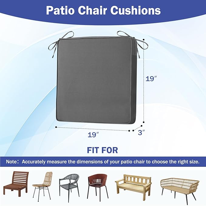 IASEAHK is Outdoor Cushions 4pcs Set, 19" x 19" x 3" Waterproof Outdoor Cushions for Patio Furniture, Outdoors Seat Cushions Set of 4 with Handle and Ties, Dark Grey