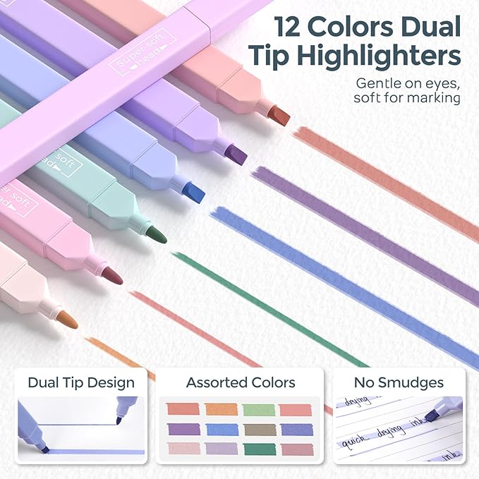 Nicpro 39 PCS Aesthetic School Supplies with Cute Pen Case, 12 Pastel Highlighters, 5 Black Ink Gel Pens, 6 Mechanical Pencils Set 0.5 & 0.7mm for Students Stationary College Essentials (Blue)