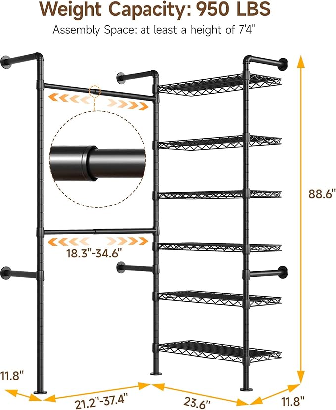 L2 Wall Mounted Closet System, Industrial Pipe Clothing Rack Clothes Racks