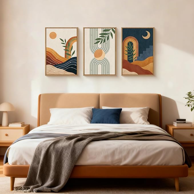 FWIEXA Mid Century Modern Wall Art Set of 3, Vintage Boho Framed Canvas Wall Decor, Minimalist Geometric Sun Moon Line Wall Prints, Abstract Green Leaf Painting, 24x36In Modern Navy Blue Artwork for Living Room,Bedroom