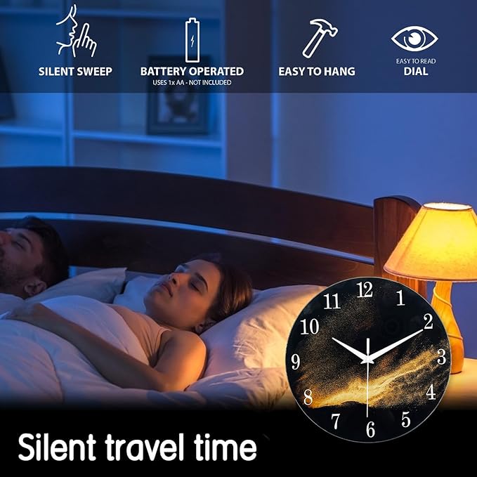 Black and Gold Modern Wall Clocks Battery Operated 12 Inch Silent Wall Clock
