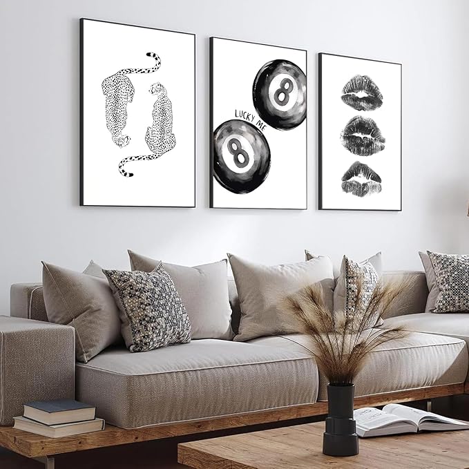 BOKPEN Trendy Black and White Leopard Canvas Wall Art, Funky Y2k Lucky 8 Ball
