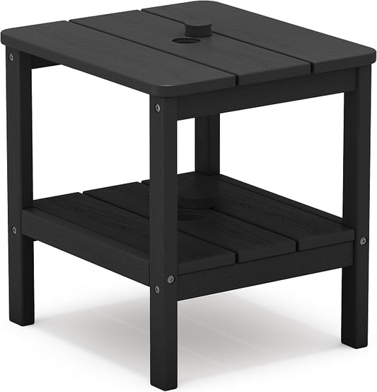 SERWALL 2-Tier HDPE Outdoor Side Table with Umbrella Hole, Weatherproof Rectangular Adirondack Side Table, Black