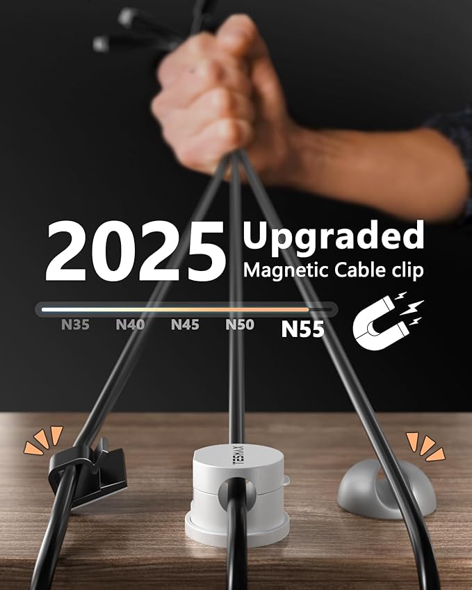 Magnetic Cable Clips 360° Rotation Cord Holder, 6Pack Cord Organizer 1s Lock Cable Smooth Adjustable Desk Organizers and Accessories, Adhesive Cord Clips for Nightstand,Phone,Wall,Car,Home Office