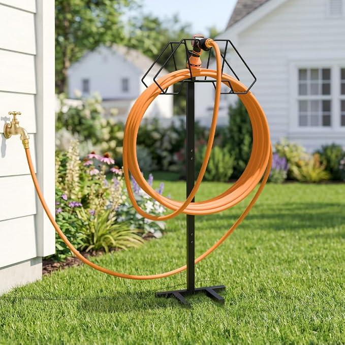 Giraffe Tools Garden Hose Holder Freestanding Heavy Duty Water Hose Holder Metal Stand, Holds 150FT Hose with 4 Spikes,Sturdy Hose Storage Stand for Outside Yard,Lawn,Garden,Black