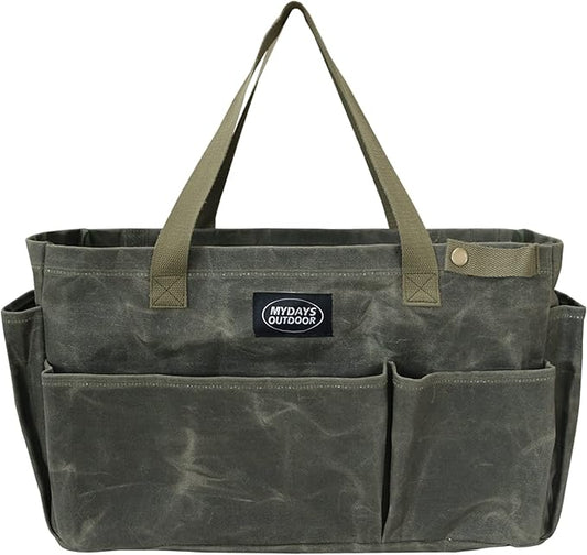 Portable Garden Camping Tool Storage Bag,Waxed Canvas Firewood Carrier Tote bag,Collapsible Sturdy Garden Basket Great for Women, Gardener, Electrician, Repairer(Army Green)