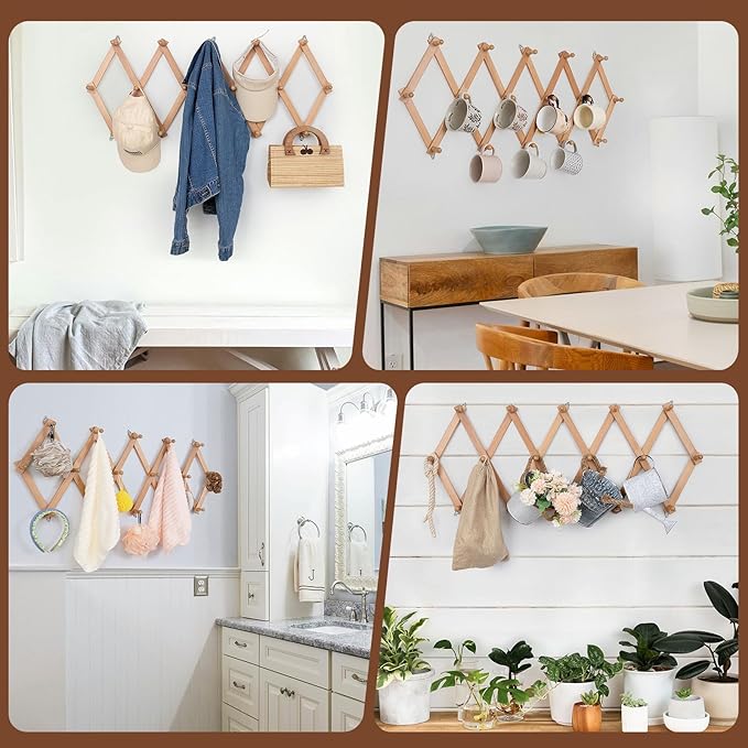 SCUNDA Wall Rack with 16 Hooks, Wooden Wall Expandable Coat Rack
