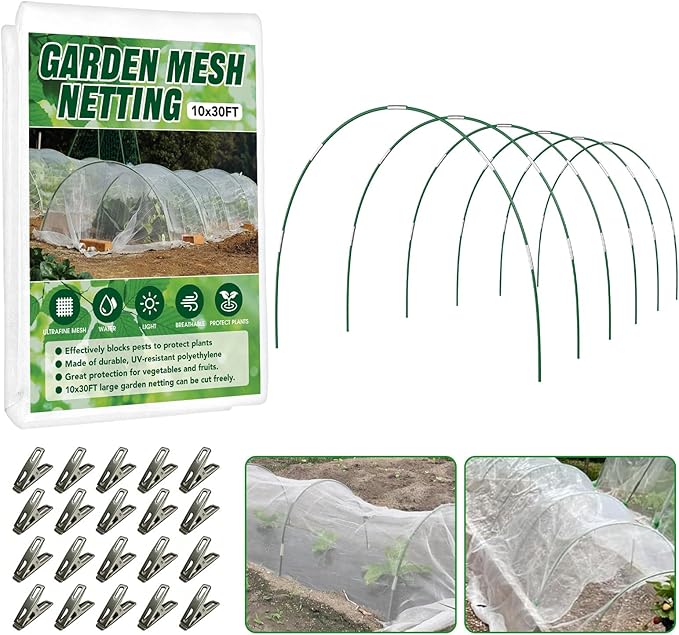 Garden Netting Kit for Raised Beds, 10x30FT Ultra Fine Mesh Netting ï¼6 Sets Fiberglass Garden Hoops, Insect Netting for Garden Plant Row Cover Vegetable Flowers Protection Barrier