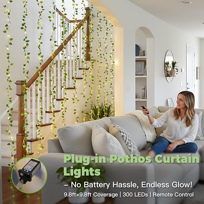 suddus 300 LED Vines with Lights Plug in, 9.8ft x 9.8ft Fairy Lights with Vines