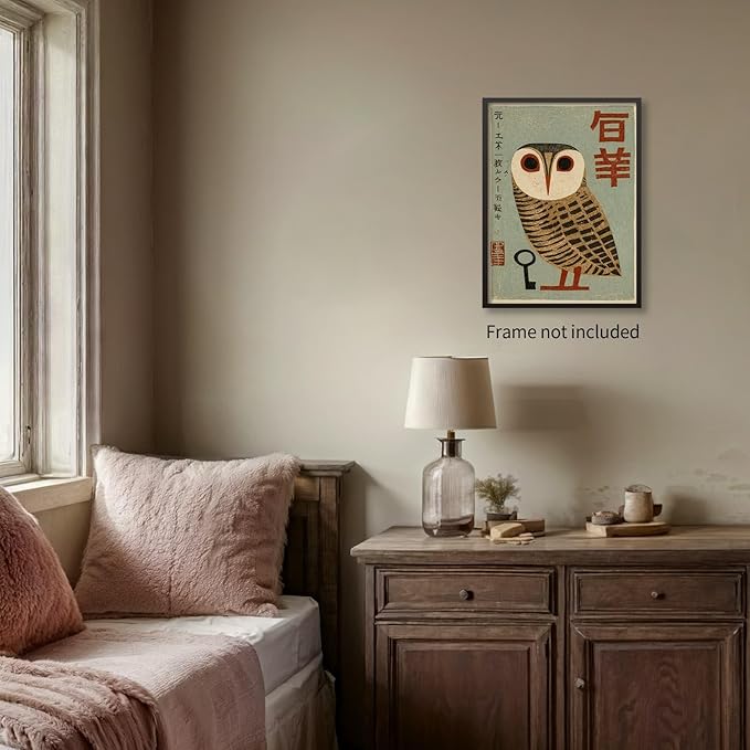 Heltrappe Vintage Japanese Canvas Wall Art Owl Poster Mid Century Animal Print