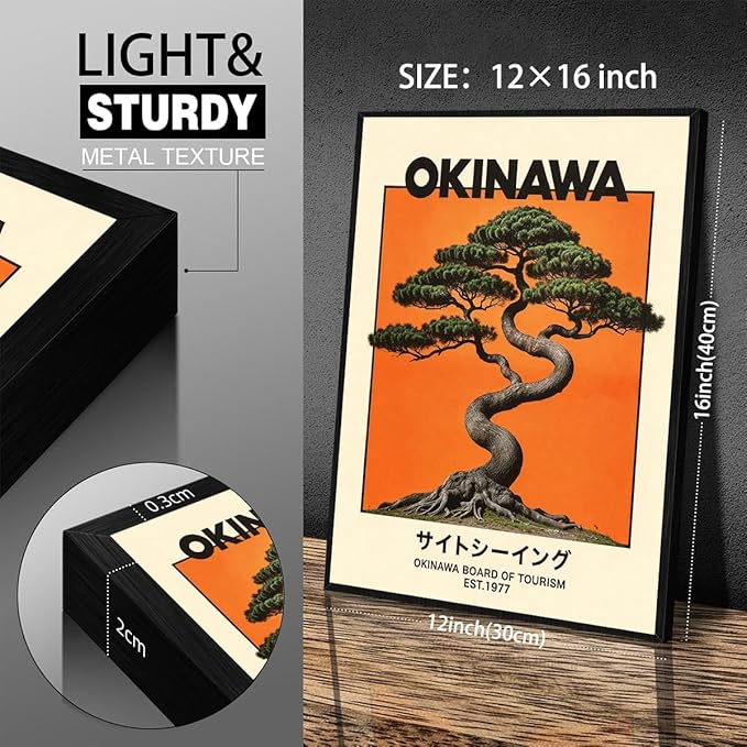 Japanese Black Framed Wall Art Okinawa Prints Vintage Japanese Bonsai Tree
