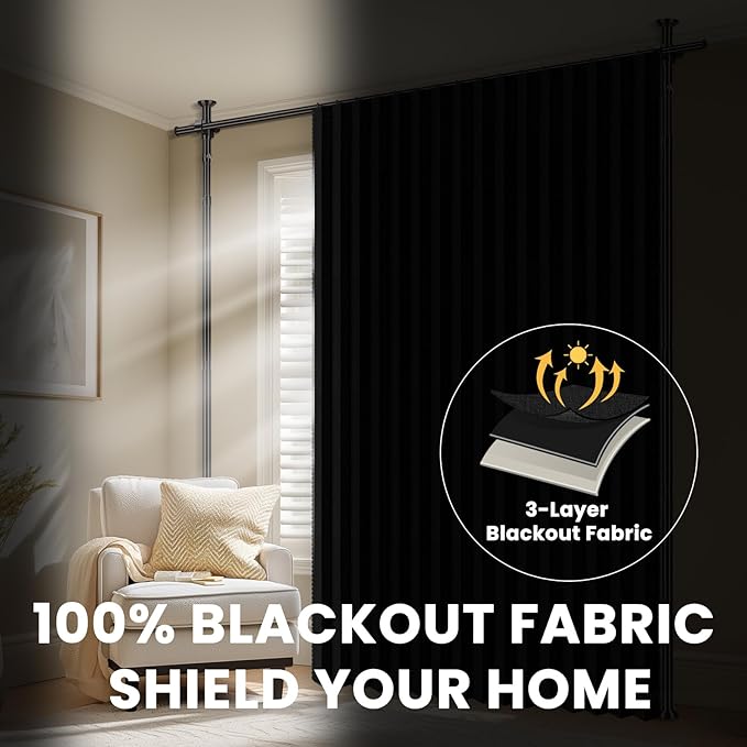 100% Blackout Room Divider Curtains Sets Black 2 Panels W100 x L84in No Drill