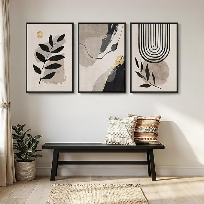 3 Piece Framed Black and White Boho Wall Art