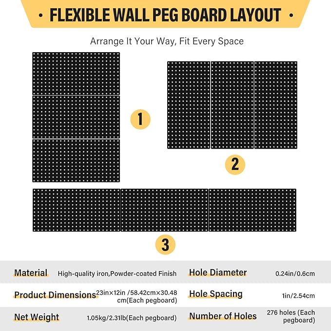 DEWEL Wall Organizer Peg Board, 3Pcs Metal Pegboard Panels with Accessories, 23" x 12" Pegboard, Heavy Duty Peg Board Wall Organizer for Workbench, Workshop, Office, Craft Room (3pcs black)