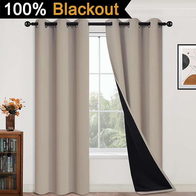 Yakamok 100% Blackout Curtains 84 Inches Long, 2 Thick Layers Heat and Full