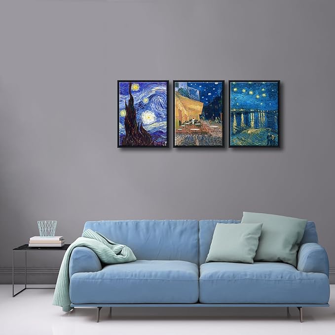 Wieco Art Framed 3 Panels Canvas Prints of Vincent Van Gogh Paintings