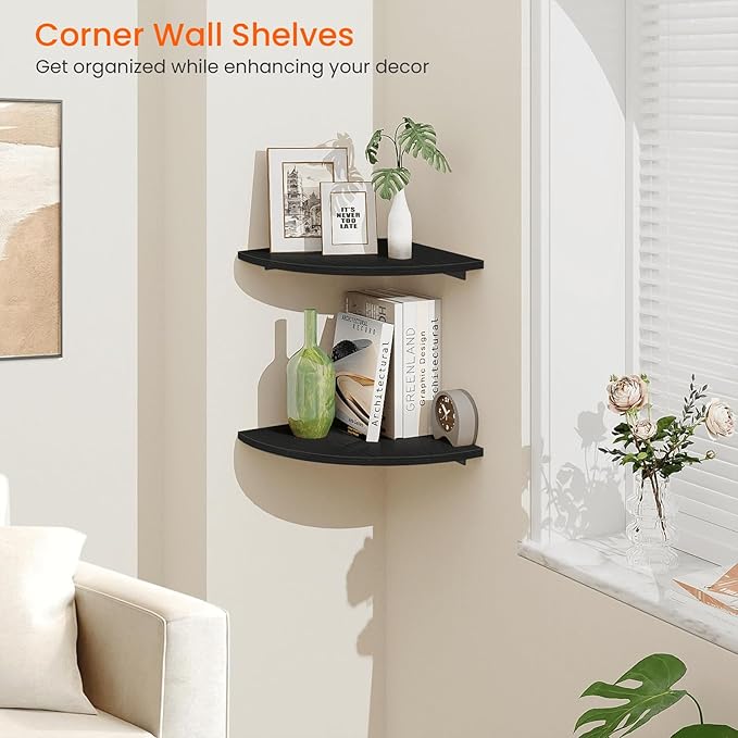 Homode Corner Floating Shelves, 2 Tier Curved Corner Hanging Shelving