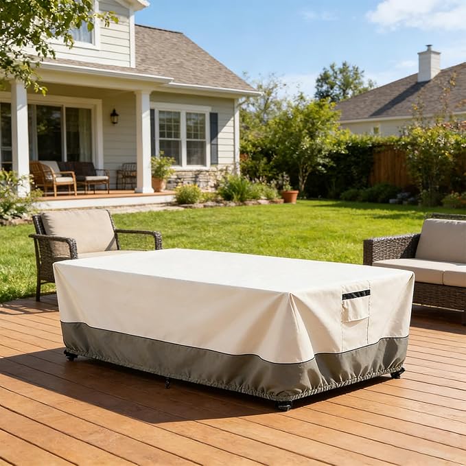 84 Inch Rectangular/Oval Patio Table Cover,Heavy Duty Waterproof Outdoor Dining Table Cover, Patio Furniture Covers, Beige