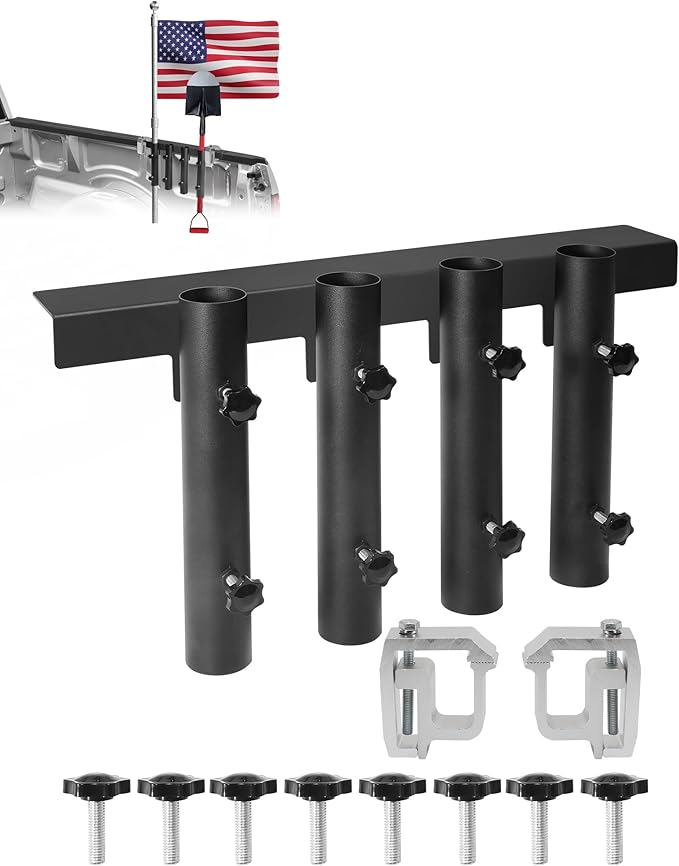 4-Hole No-Drilling Shovel Holder for Truck, Side Flag Mount for Truck, Shovel Rack for Truck Accommodates diameters up to 1.8" Flag Pole, Trimmers, Rakes, Shovels, Other Lawn Tools