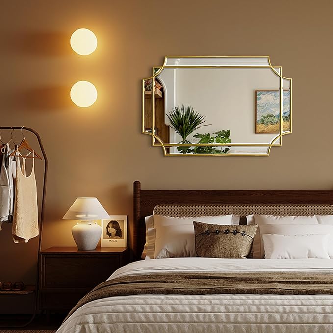 HQiJun Gold Mirror for Wall, 36x24 Gold Wood Framed, Scalloped Beveled Polished