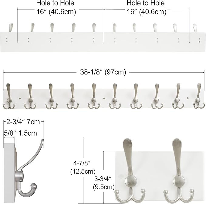 SKOLOO Creations White Solid Wood Wall Mounted Coat Rack, 10 Hooks, 38-1/8" Long