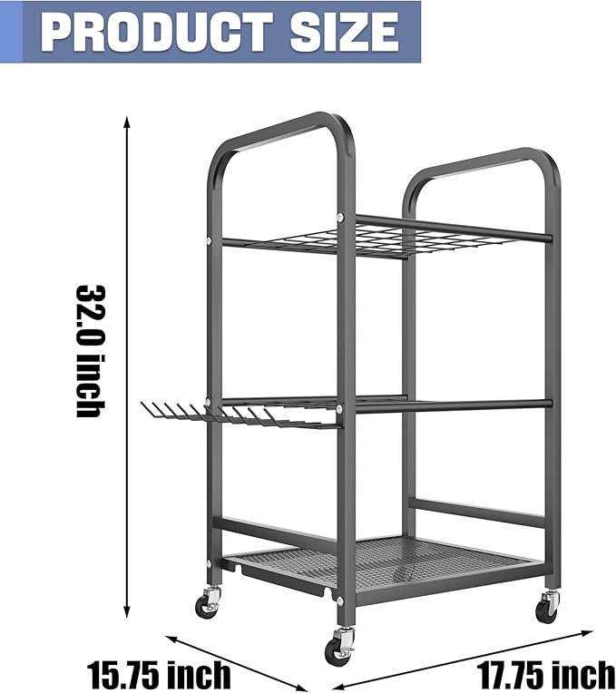 WALMANN Garden Tool Organizer with Wheels for Garage, Rakes/Shovels/Yard Tools Stand for Garden, Shed, Indoor/Outdoor Long-Handled Tools Rolling Cart(Small)
