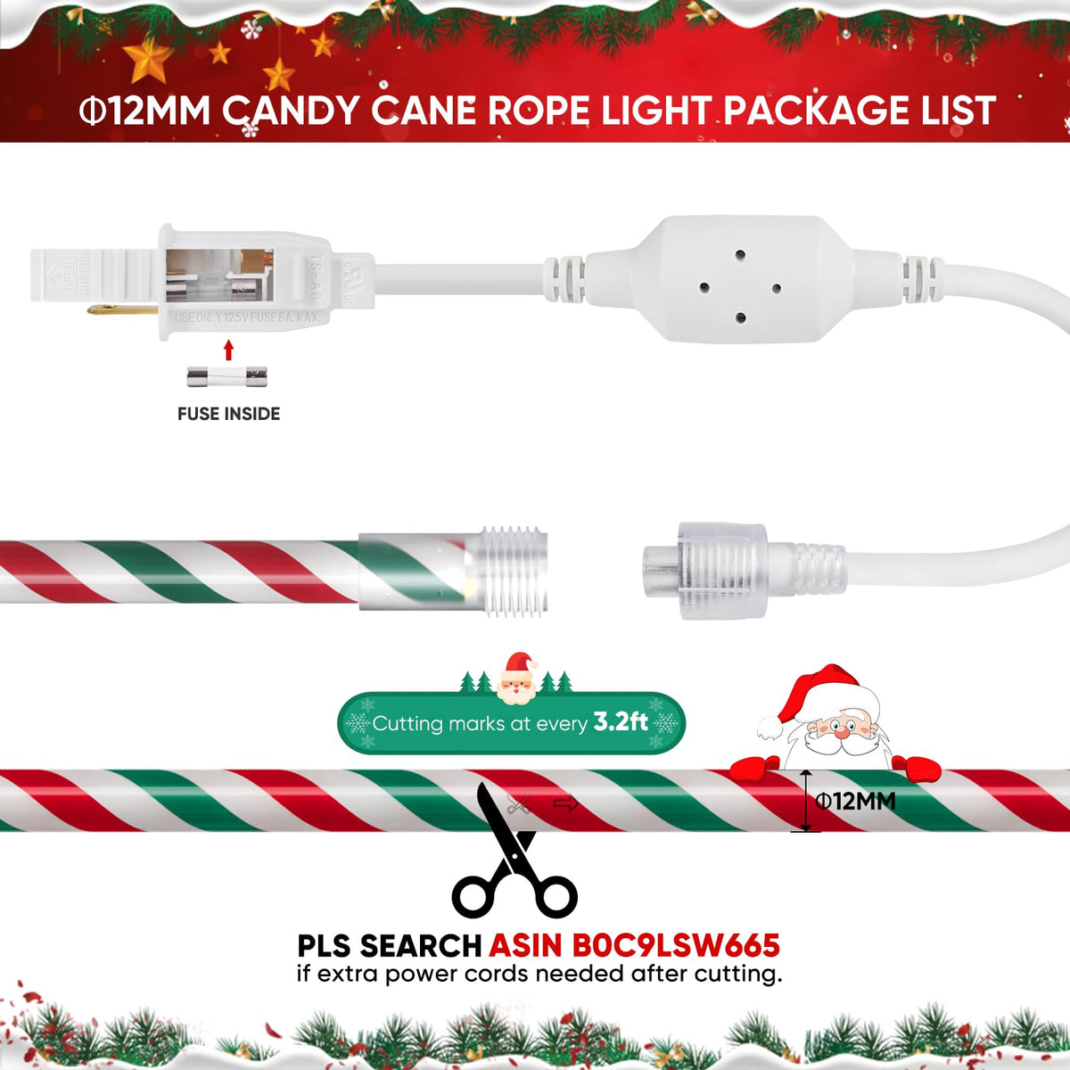 Shine Decor LED Rope Light, 50ft Cool White Red Green, IP65 Waterproof, 4°F Cold Resistant, Model 061cd6ea-2a73-4bd9-a585