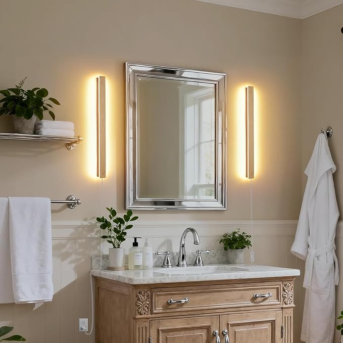 Modern Plug in Wall Sconces, 23.6 inch Faux Wood Texture Finish LED Long Wall