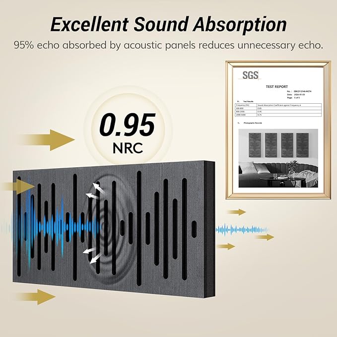TONOR 4-Pack Acoustic Wood Wall Panels, 23.6” * 11.8” * 1.9” 3D Self-adhesive