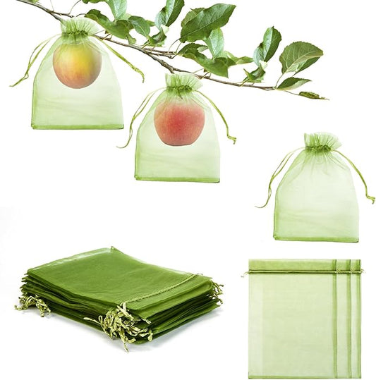 50 PCS 6X9 inches Fruit Protection Bags, Fruit Bags for Fruit Trees, Green Netting Fruit Cover Bags Drawstring Mesh Fruit Protectors Pest Barrier for Fruit Trees Veggies Garden
