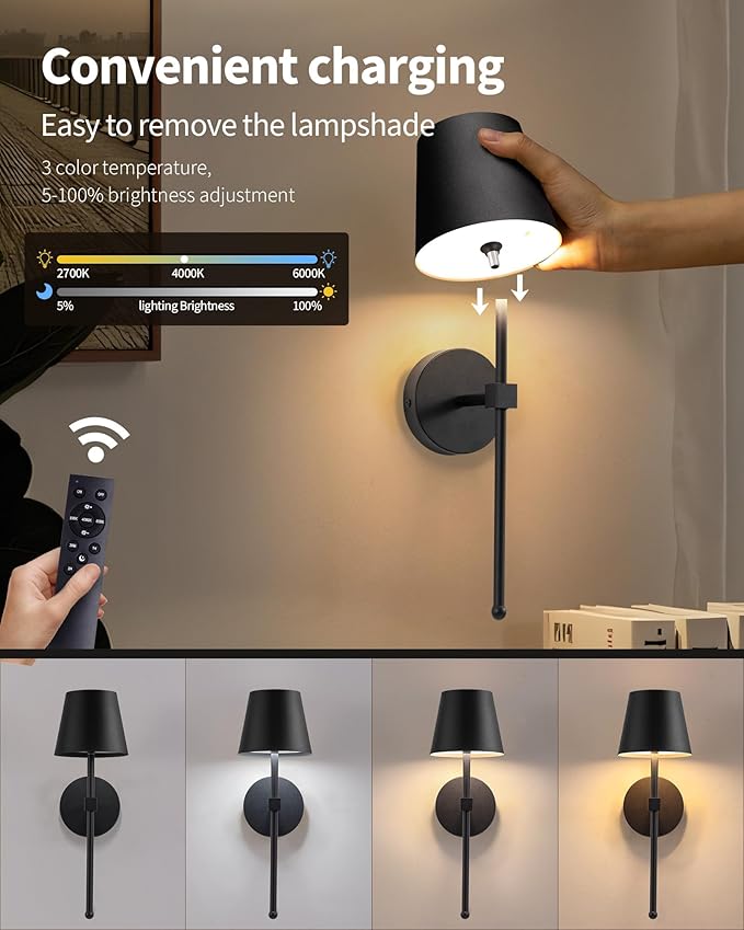 KDG Cordless Wall Sconces Set of 2, Wireless 5200mAh Rechargeable Battery LED
