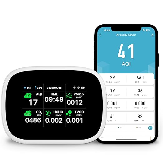 Smart Air Quality Monitor Indoor, WiFi Air Quality Tester with APP Remote Control for AQI CO2 PM2.5 HCHO TVOC Temperature Humidity, Wall-Mounted Air Detector for Home Office â Black