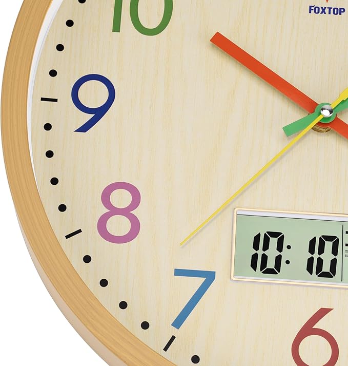 Foxtop Digital and Analog Kids Wall Clock 12 Inch Silent Non-Ticking Battery