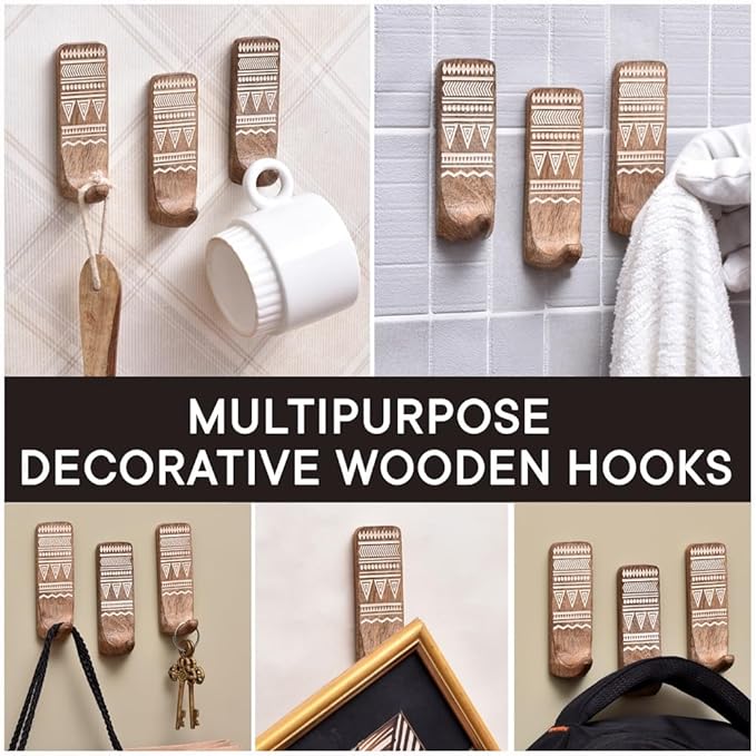 IndianShelf 10 LB- 3 Pieces Decorative Wood Adhesive Wall Hooks–Boho Peel and